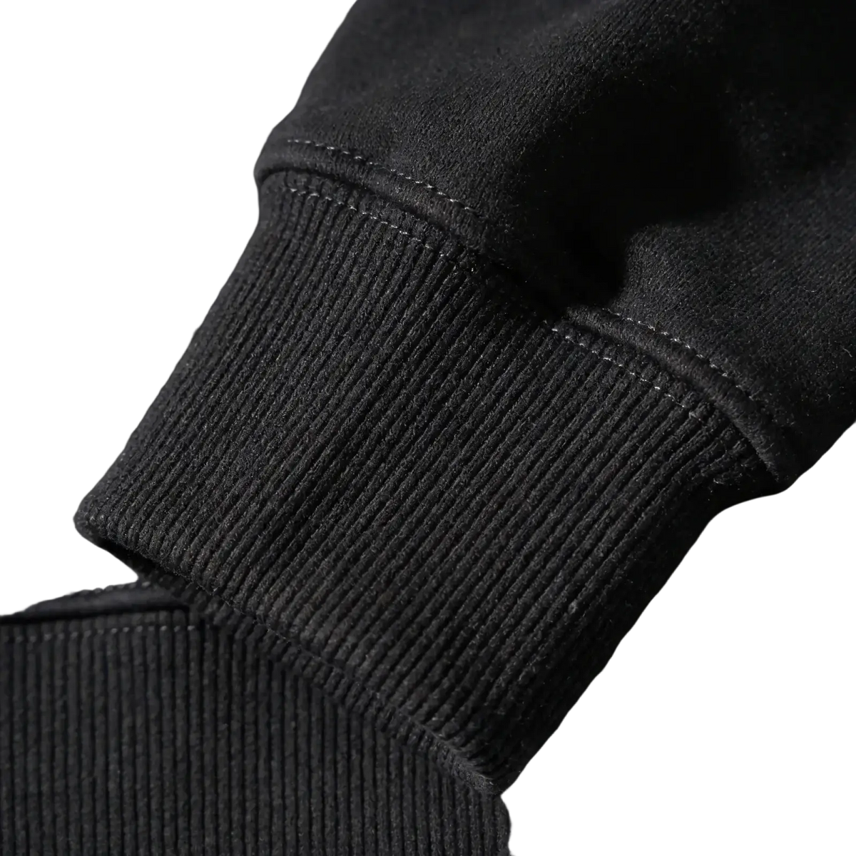 Black graphic knit hoodie unisex casual pullover featuring a black ribbed knit cuff with matching black stitching