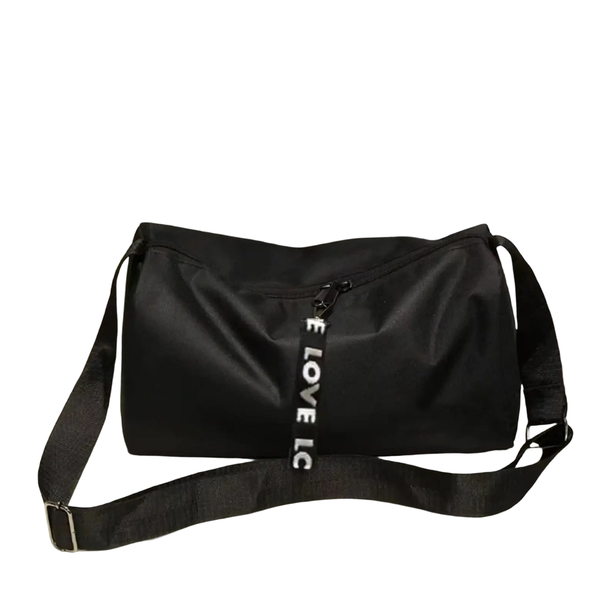 Black nylon gym duffel bag with detachable shoulder strap and vertical zipper pull for sports yoga travel luggage