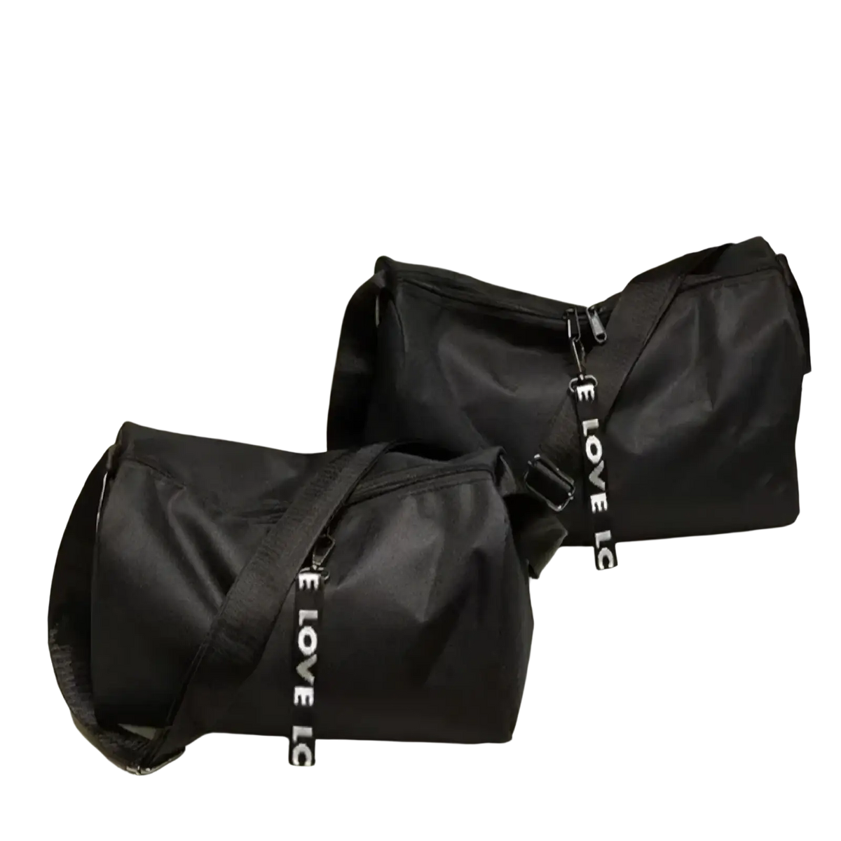 Black nylon gym duffel bag with adjustable strap and love lettering for sports yoga travel and luggage use