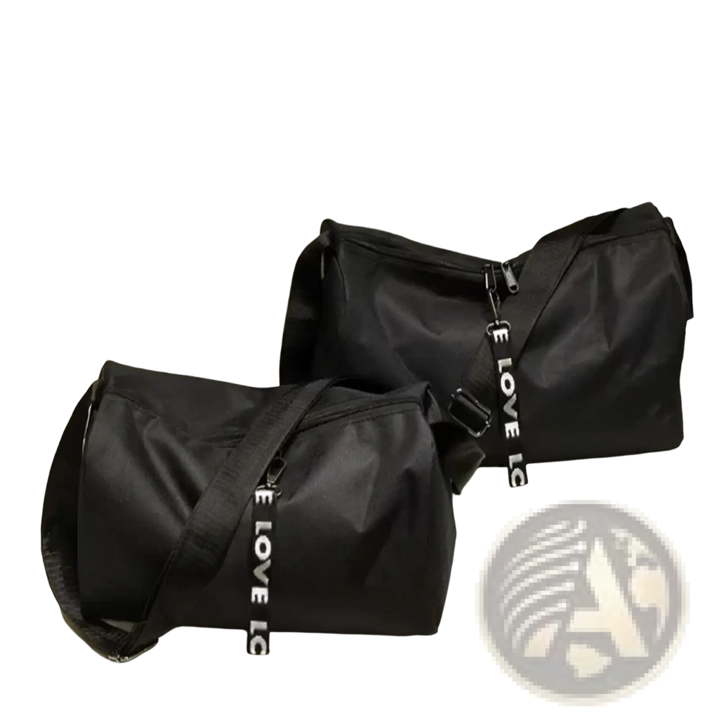 Black nylon gym duffel bag with adjustable strap and love lettering for sports yoga travel and luggage use
