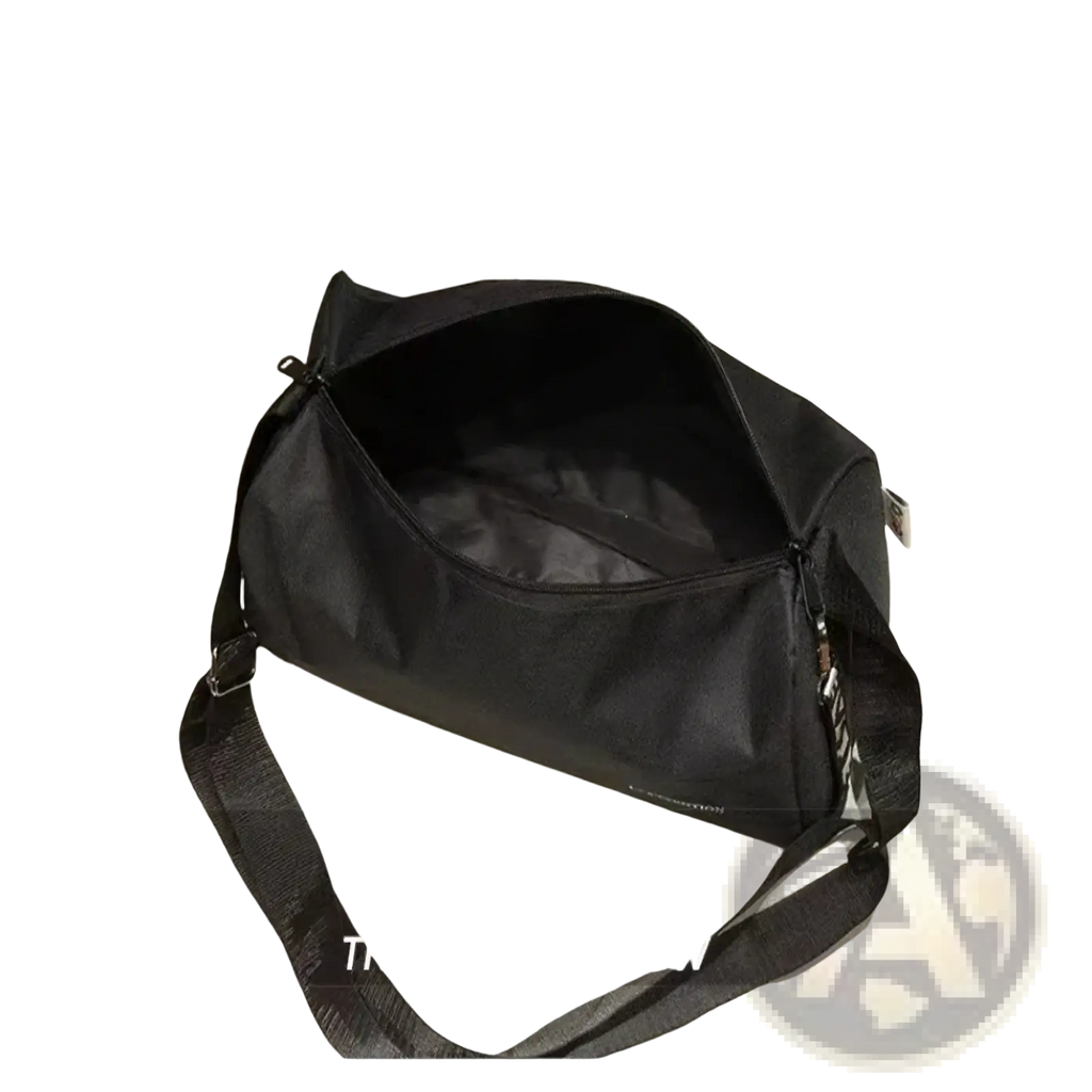 Black nylon gym duffel bag with adjustable crossbody strap and zipper closure for sports yoga travel luggage