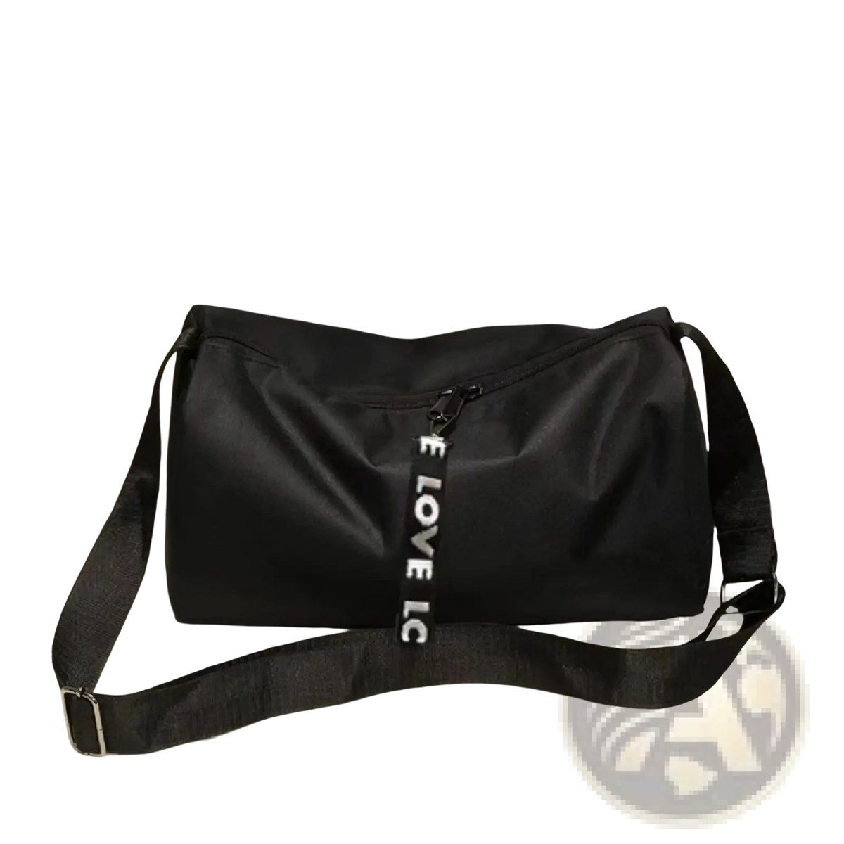 Black nylon gym duffel bag with detachable shoulder strap and vertical zipper pull for sports yoga travel luggage