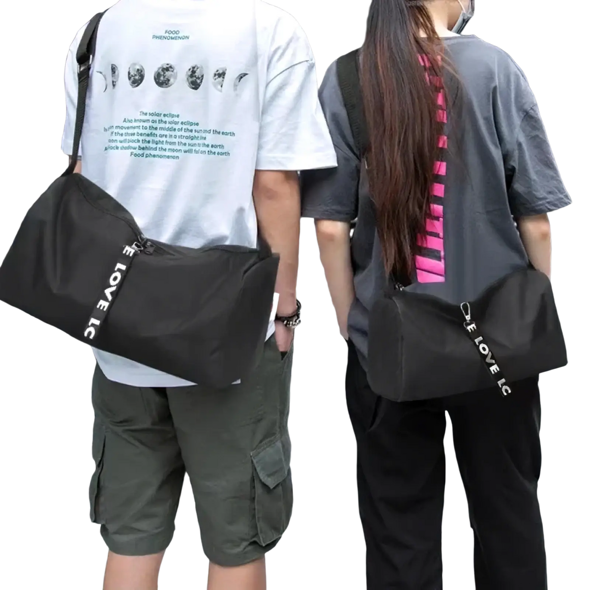 Black nylon gym duffel bag with white i love lc lettering, suitable for sports yoga travel and luggage use