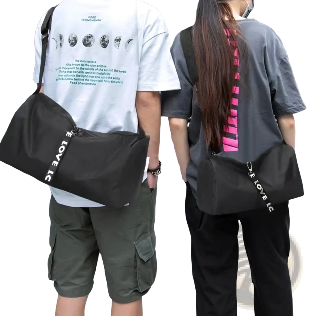 Black nylon gym duffel bag with white i love lc lettering, suitable for sports yoga travel and luggage use