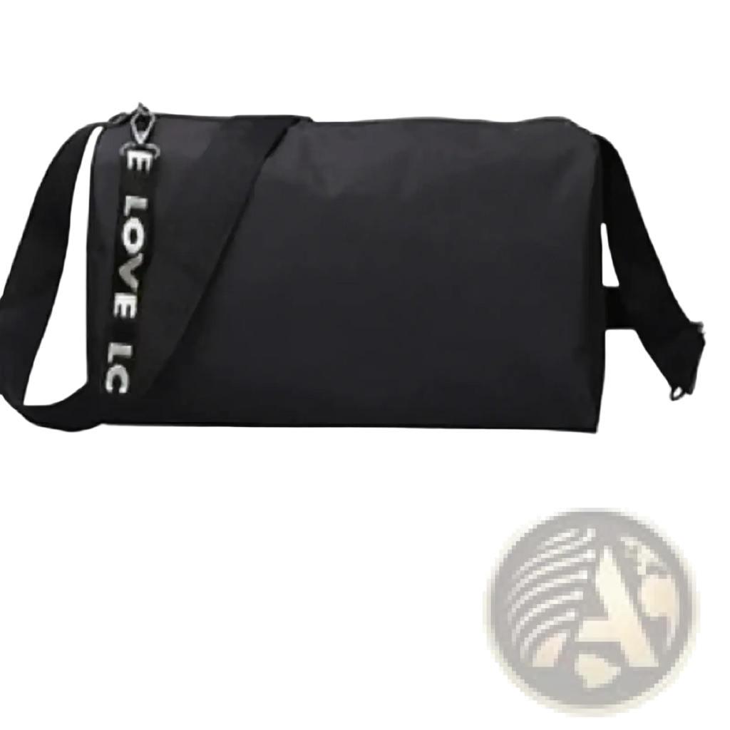 Black nylon gym duffel bag with a white love lc strap and silver zipper pull for sports yoga and travel luggage
