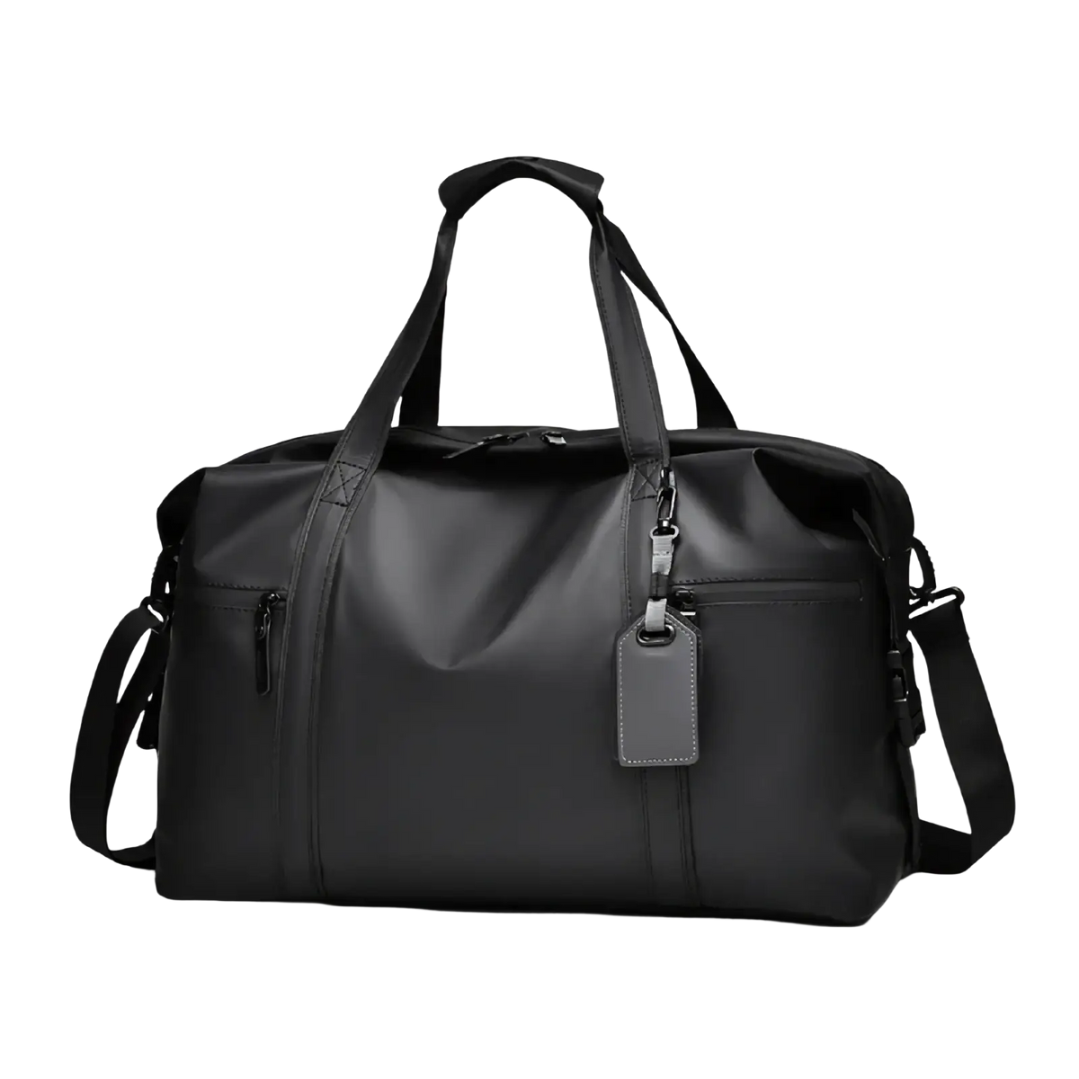 Black nylon gym duffel bag with reinforced handles and detachable shoulder strap for travel fitness gear use