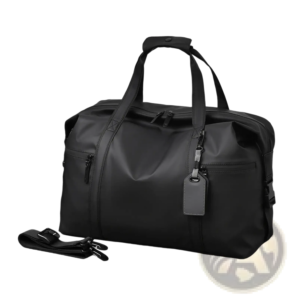 Black nylon gym duffel bag with top handles and detachable shoulder strap for travel fitness gear