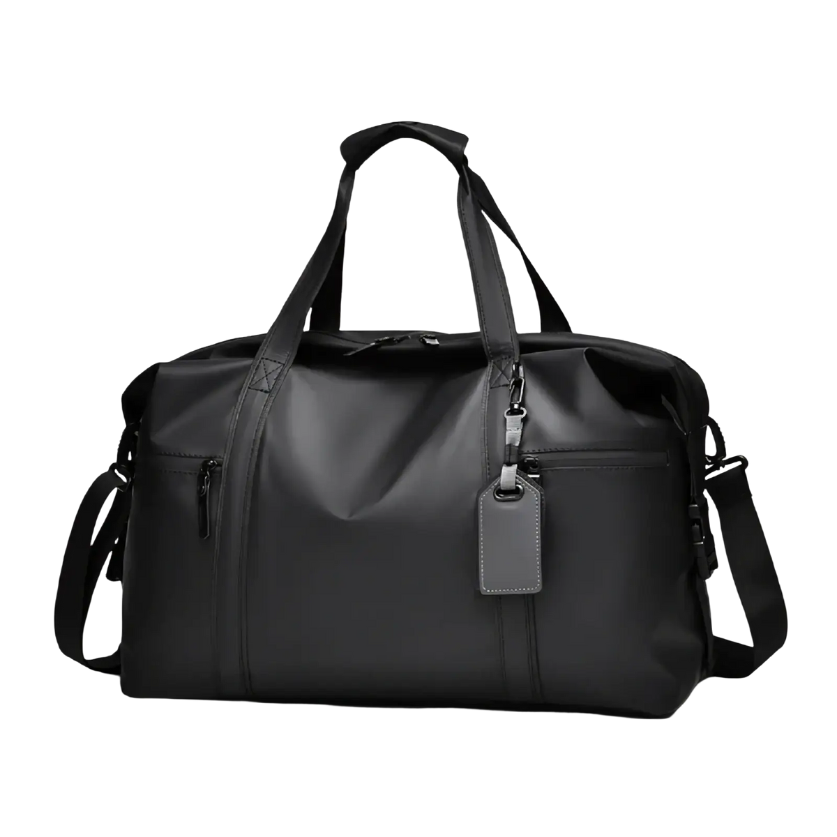 Black nylon gym duffel bag with top handles and adjustable shoulder strap for travel and fitness gear use