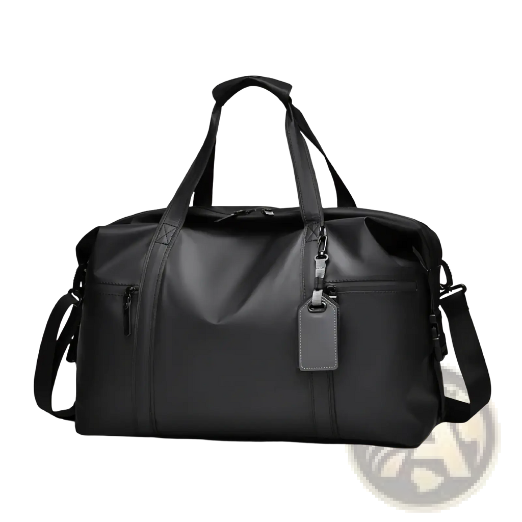 Black nylon gym duffel bag with top handles and adjustable shoulder strap for travel and fitness gear use