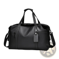 Black nylon gym duffel bag with top handles and adjustable shoulder strap for travel and fitness gear use