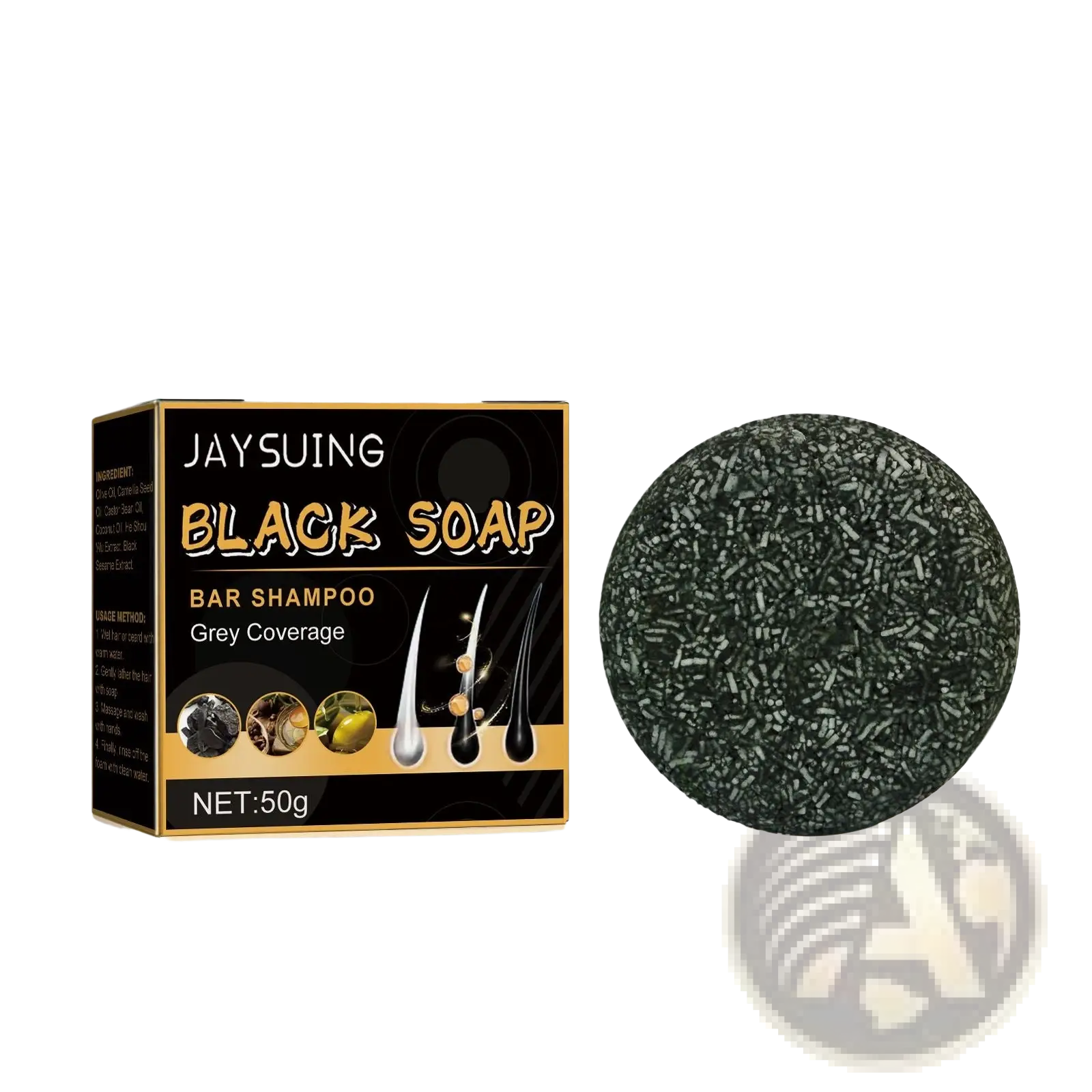 Black round bar shampoo soap with fine black and dark green speckles for natural darkening and hair growth