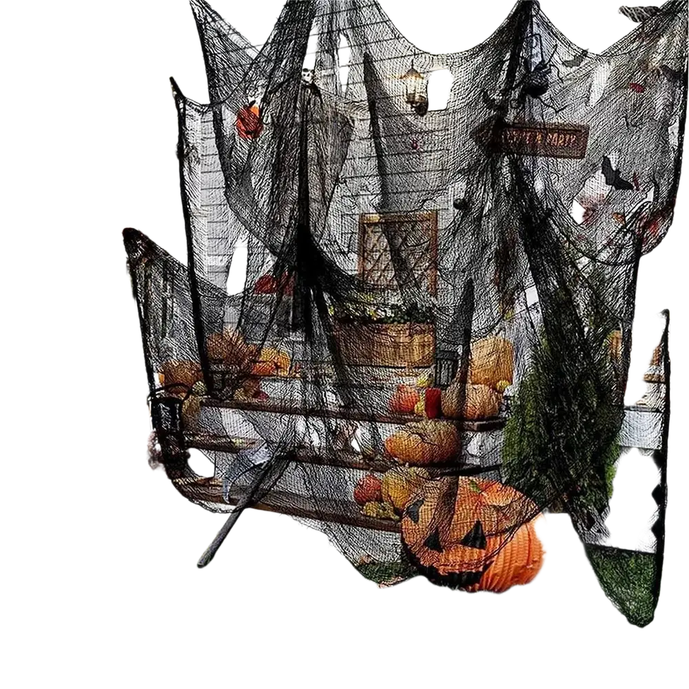 Black halloween gauze spiderweb party decoration with dangling pumpkins and spooky accents for party halloween april use