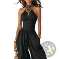 Black halter wide leg jumpsuit with a fitted bodice and flowing wide-leg pants in a sleek black fabric