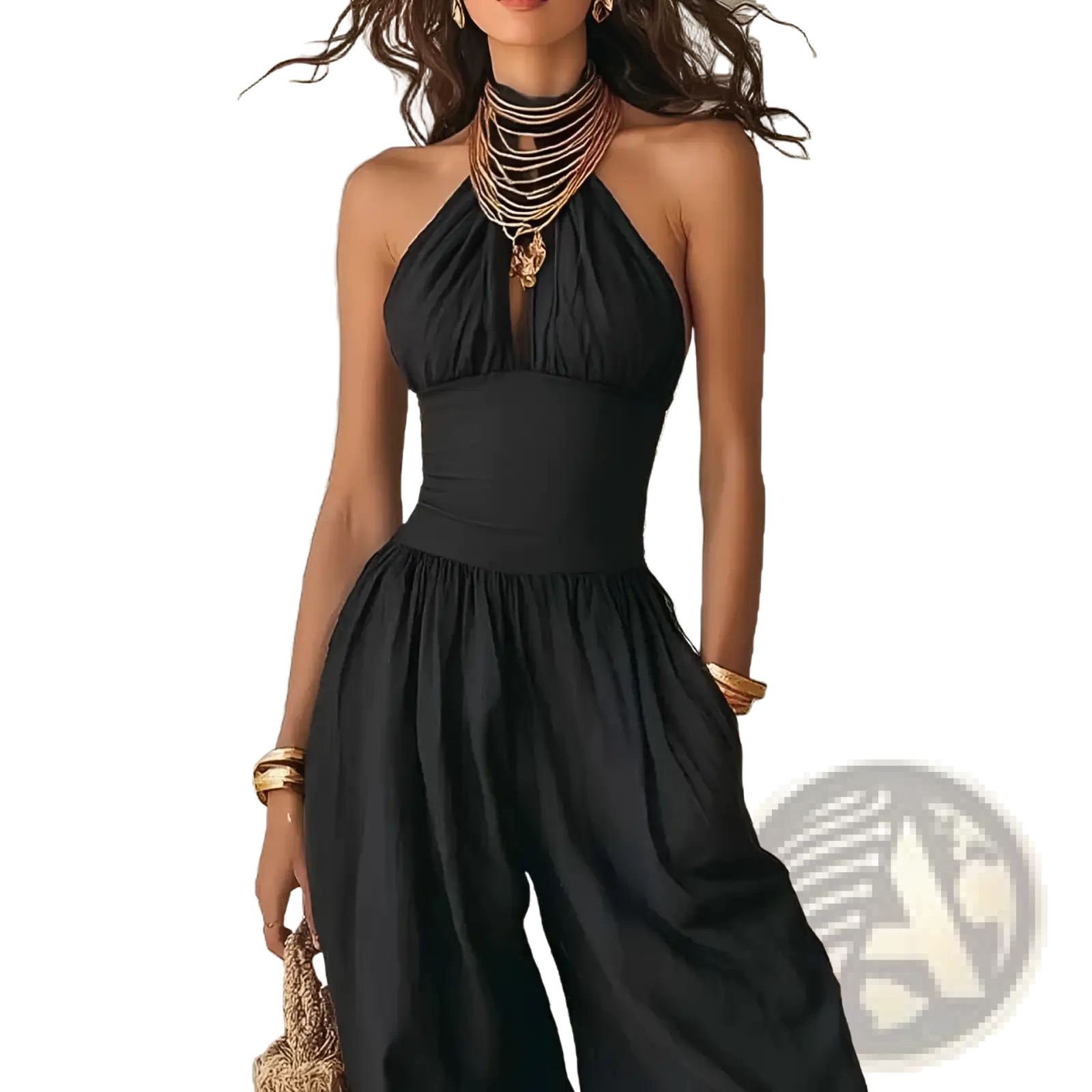 Black halter wide leg jumpsuit with fitted bodice and flowing pants for elegant evening wear