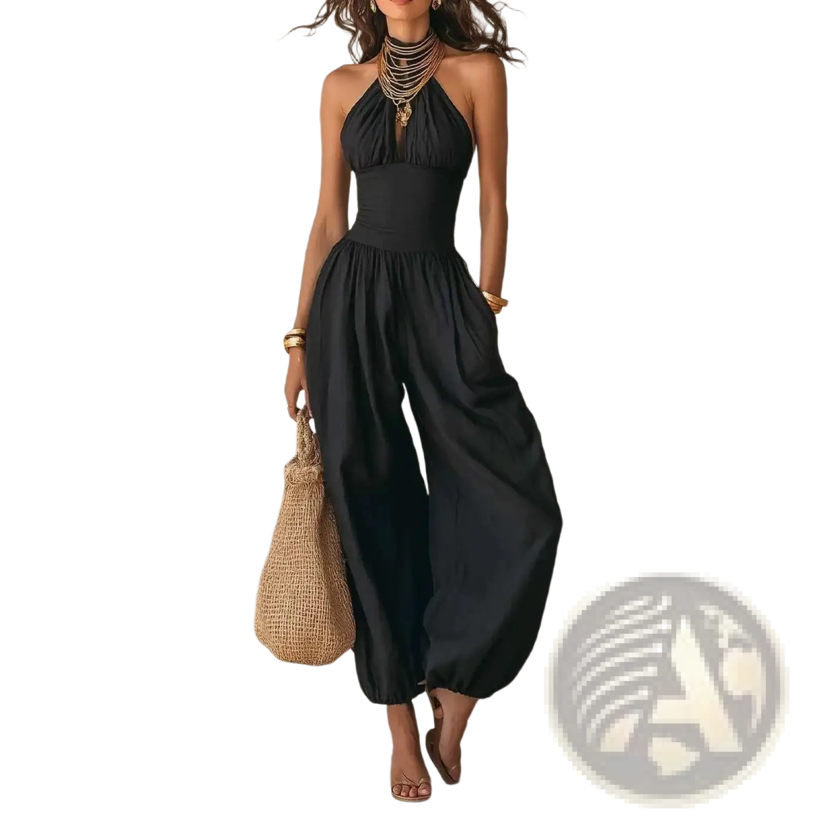 Black halter-wide leg jumpsuit featuring a fitted bodice and flowing wide-leg pants in a sleek black fabric