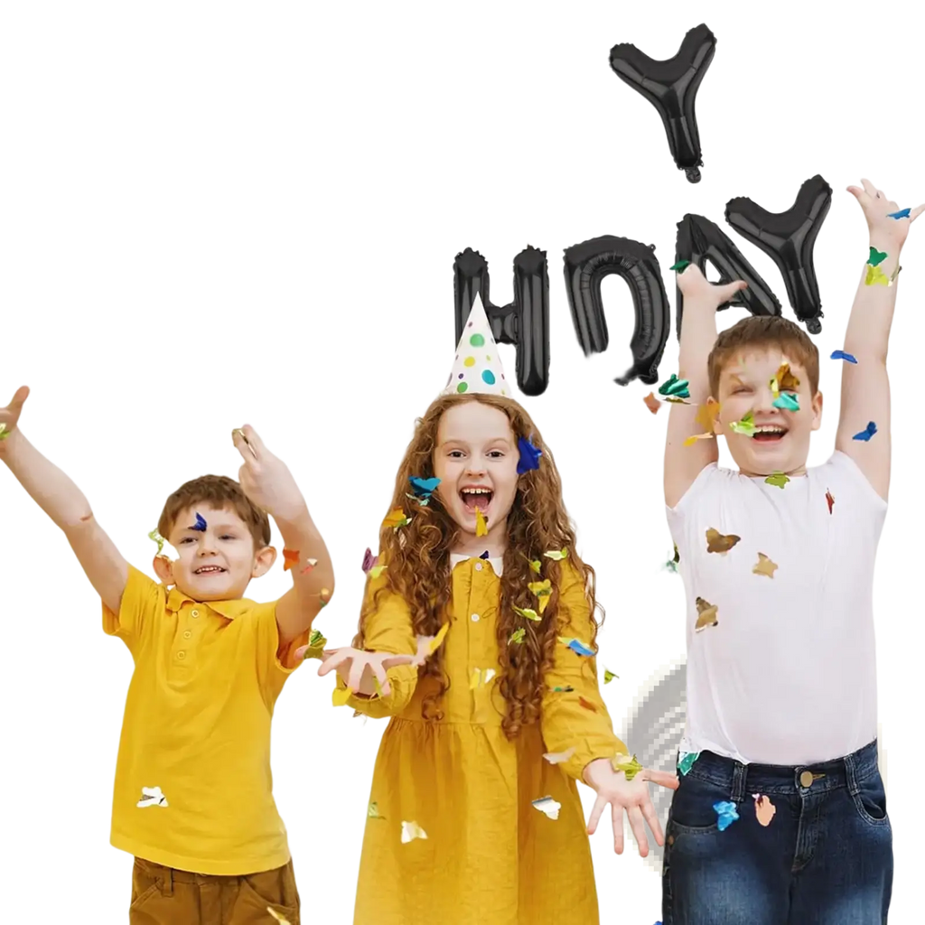 Black happy birthday balloon banner made of inflatable foil letters spelling happy birthday for party decoration