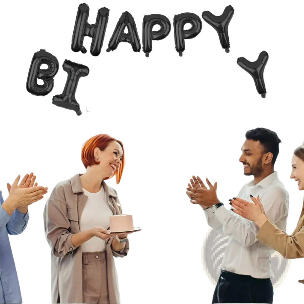 Black happy birthday balloon banner foil letters hanging above people clapping at a celebration event
