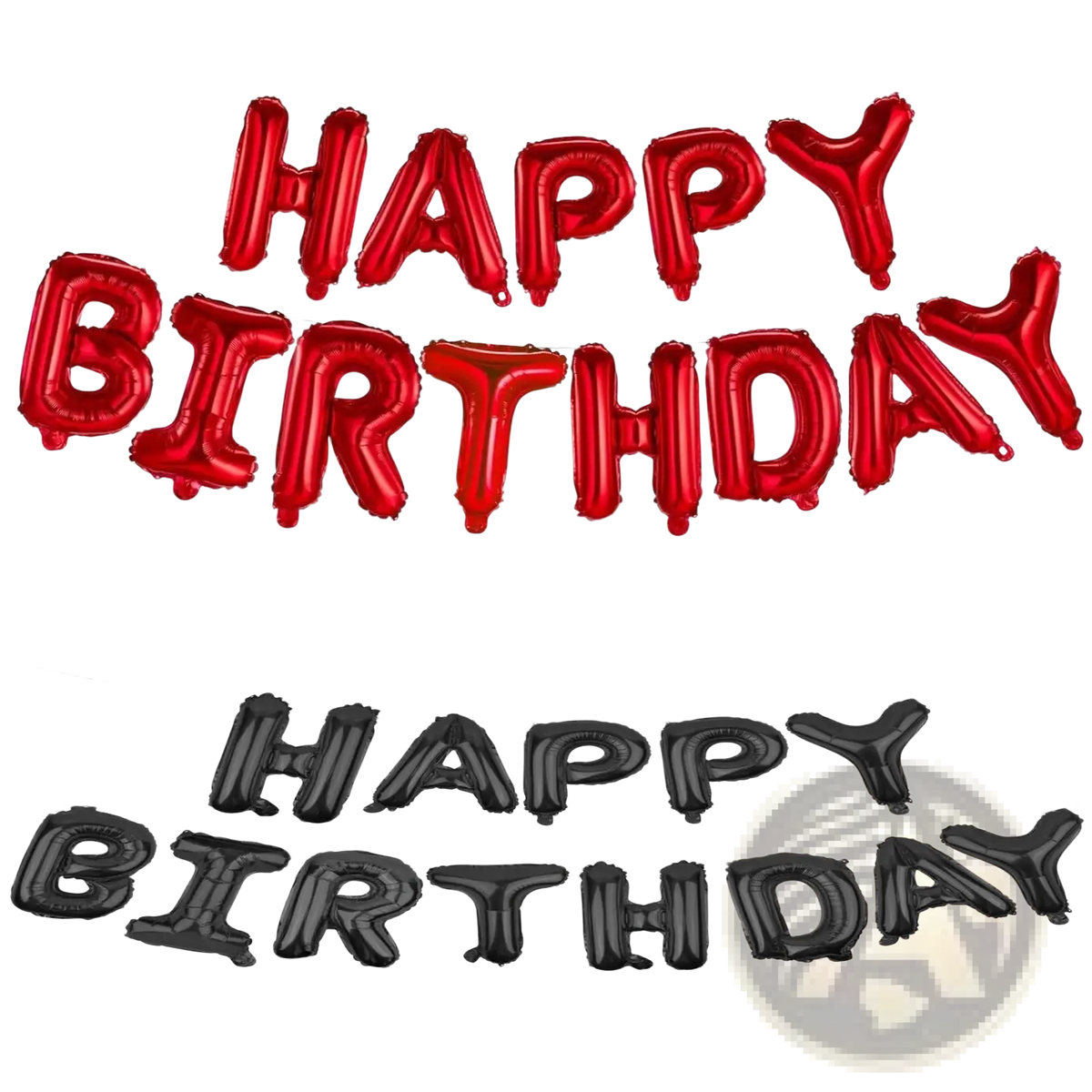 Black happy birthday balloon banner foil letters in red and black metallic foil forming bold inflated words