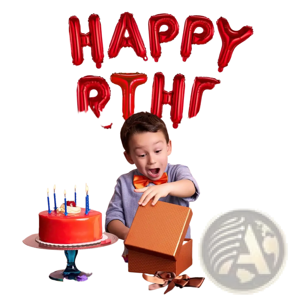 Black happy birthday balloon banner with red metallic foil letters hanging above a boy for birthday decor