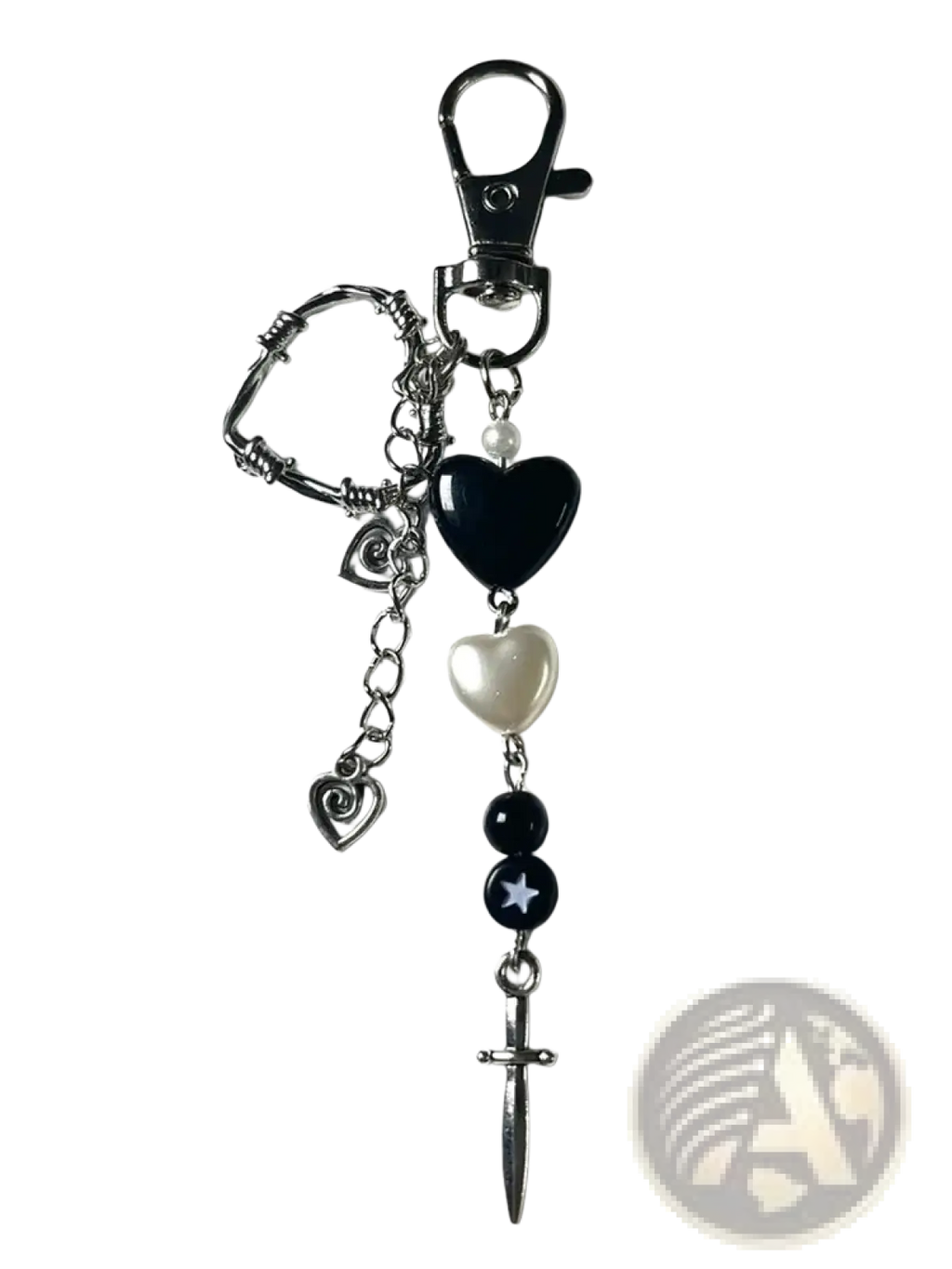 Black heart dagger keychain featuring black and silver barbed wire design with pearl accents and a dagger charm