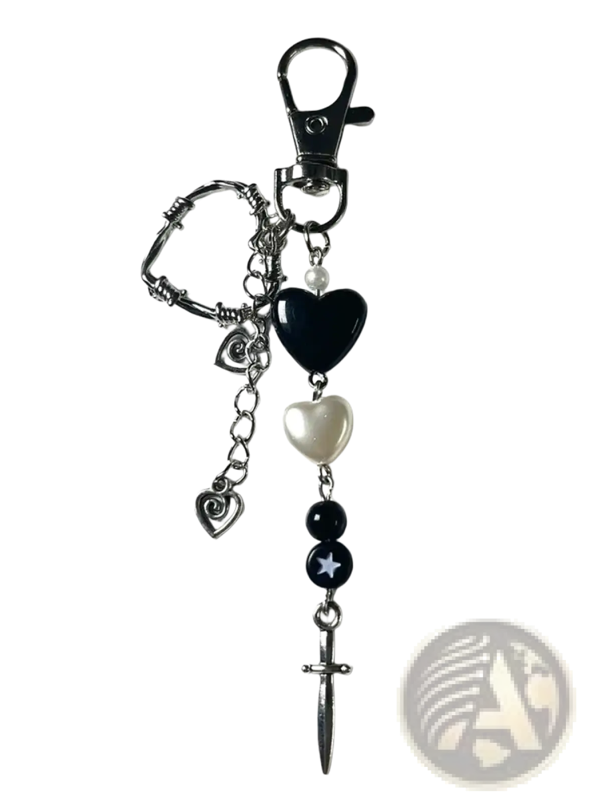 Black heart dagger keychain featuring black and silver barbed wire design with pearl accents and a dagger charm