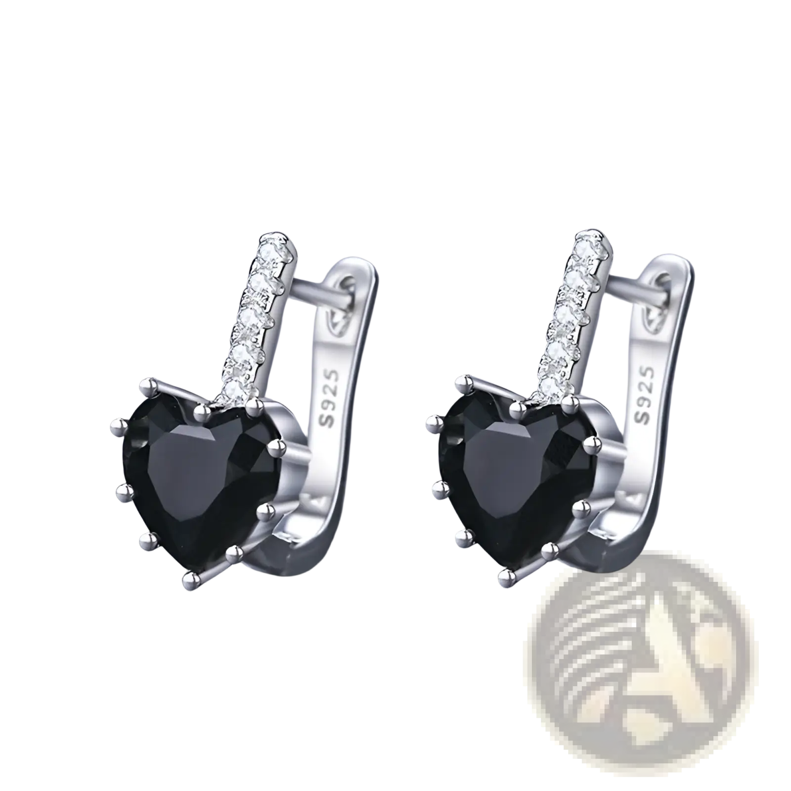Black heart zircon sterling silver huggie earrings with central black gemstone and clear crystal accents s925 hallmark