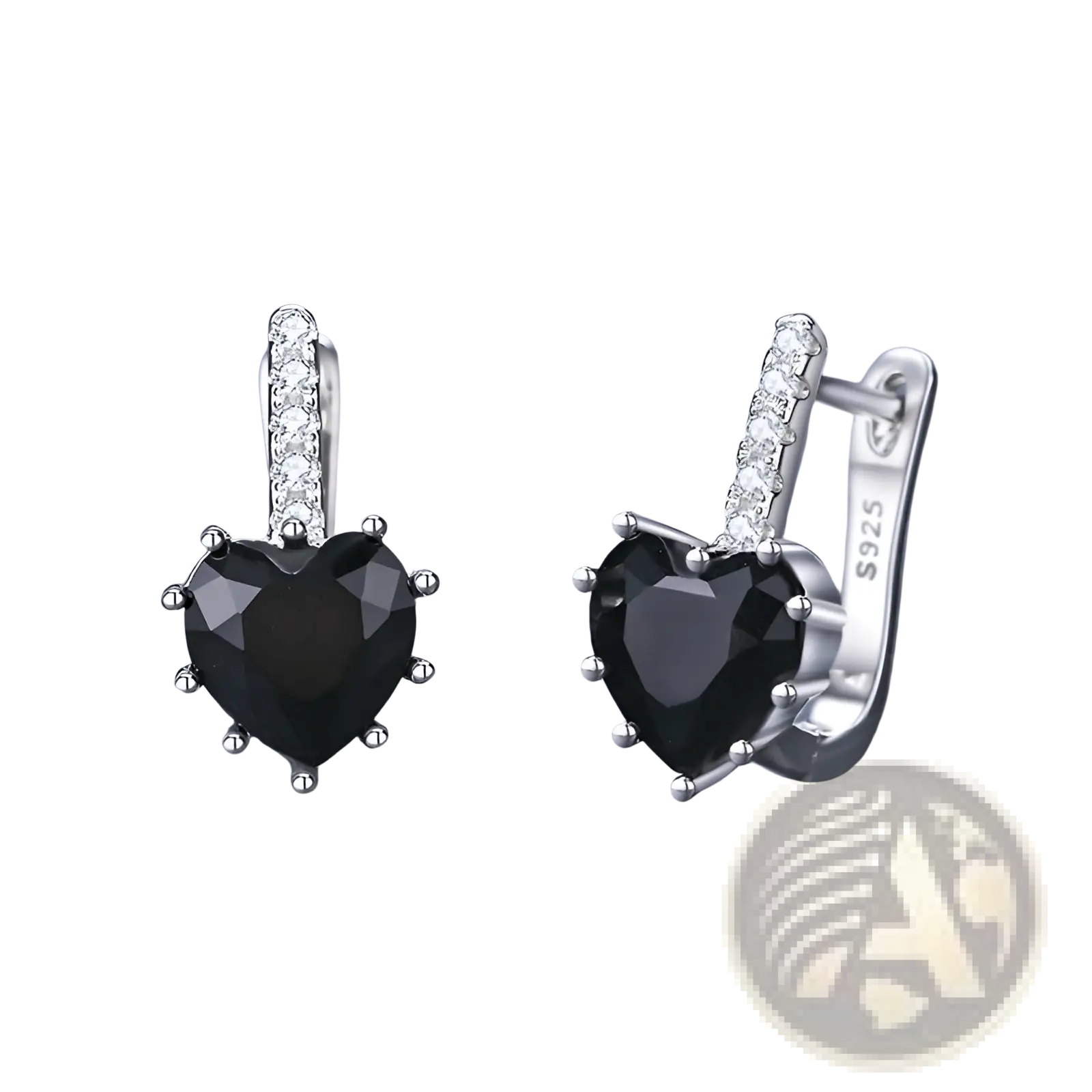 Silver heart-shaped sterling silver huggie earrings with central black gemstone and clear zircon crystals along bar