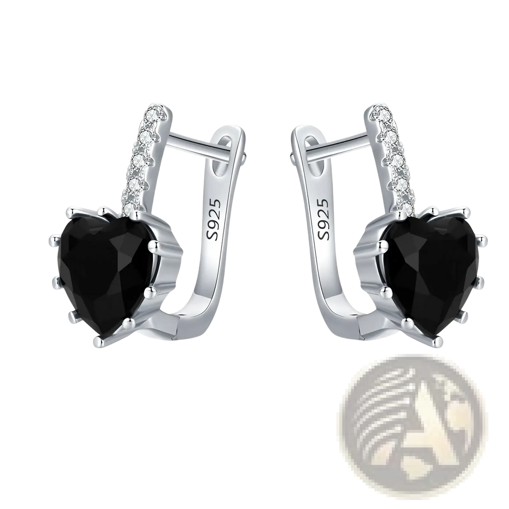 Black heart zircon sterling silver huggie earrings with clear crystal row and heart-shaped black gemstones