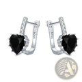 Black heart zircon sterling silver huggie earrings with clear crystal row and heart-shaped black gemstones
