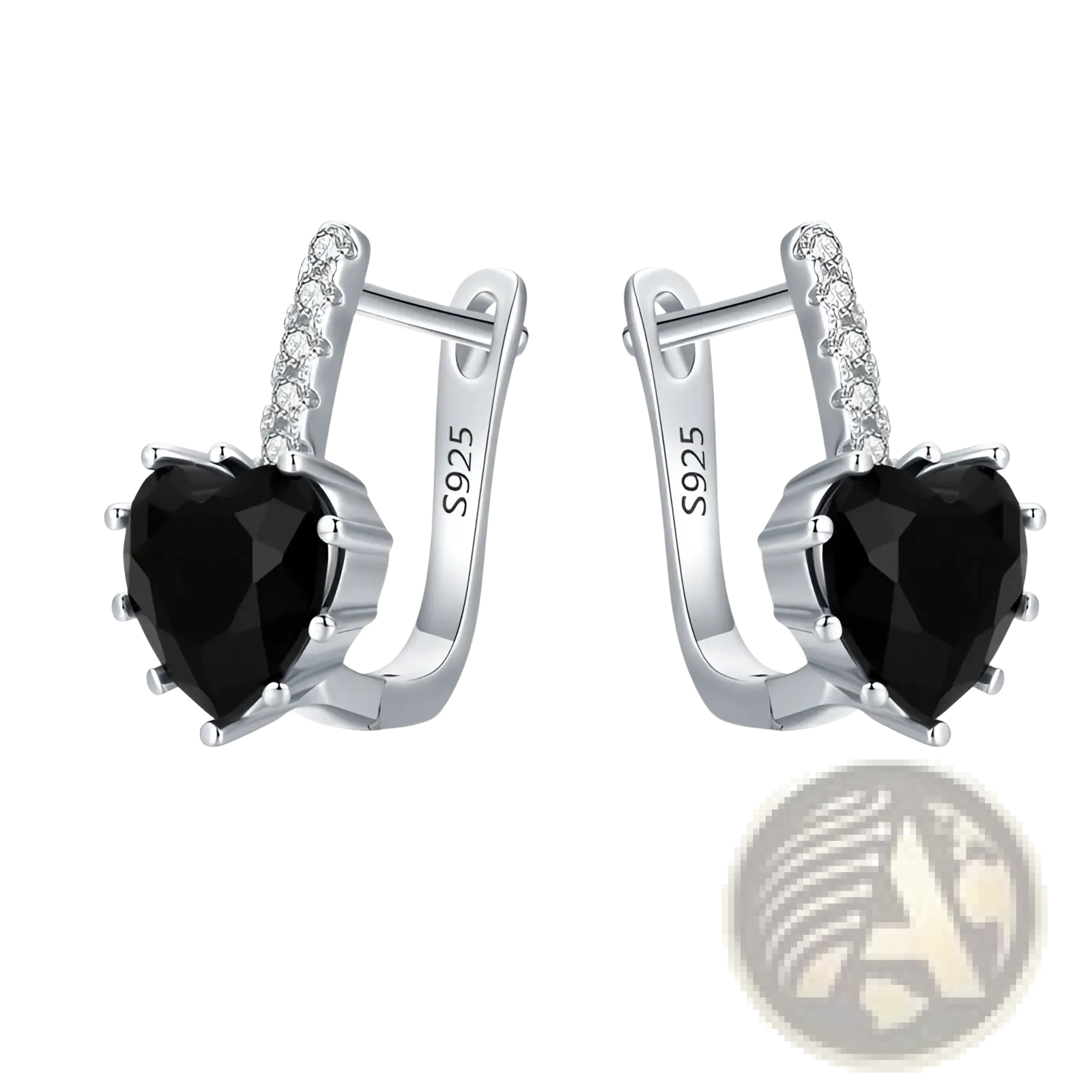 Black heart zircon sterling silver huggie earrings with clear crystal row and heart-shaped black gemstones