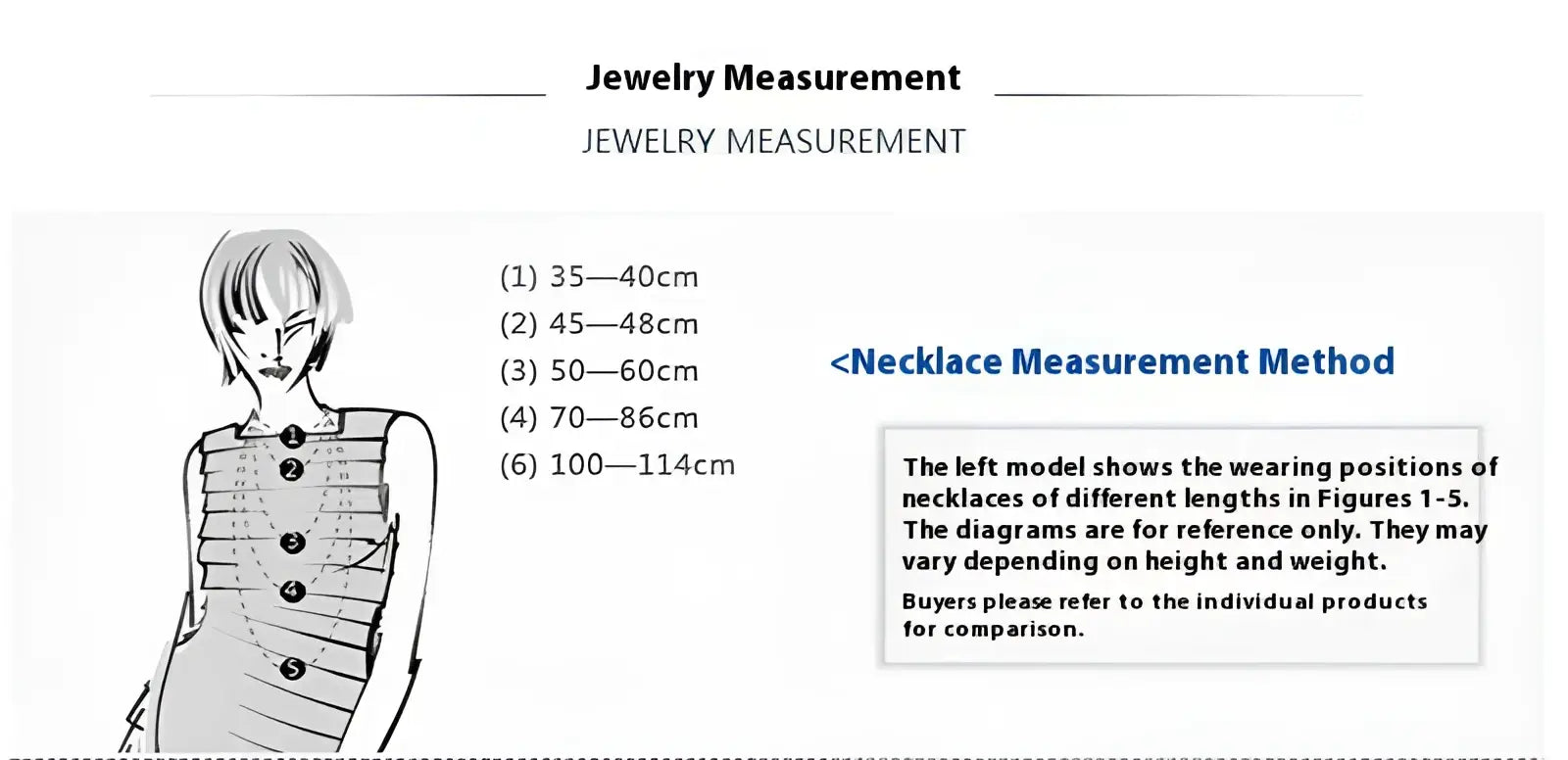 Schematic diagram showing necklace length measurements from 35 to 114cm for sizing reference with black heart zircon sterling silver huggie earrings