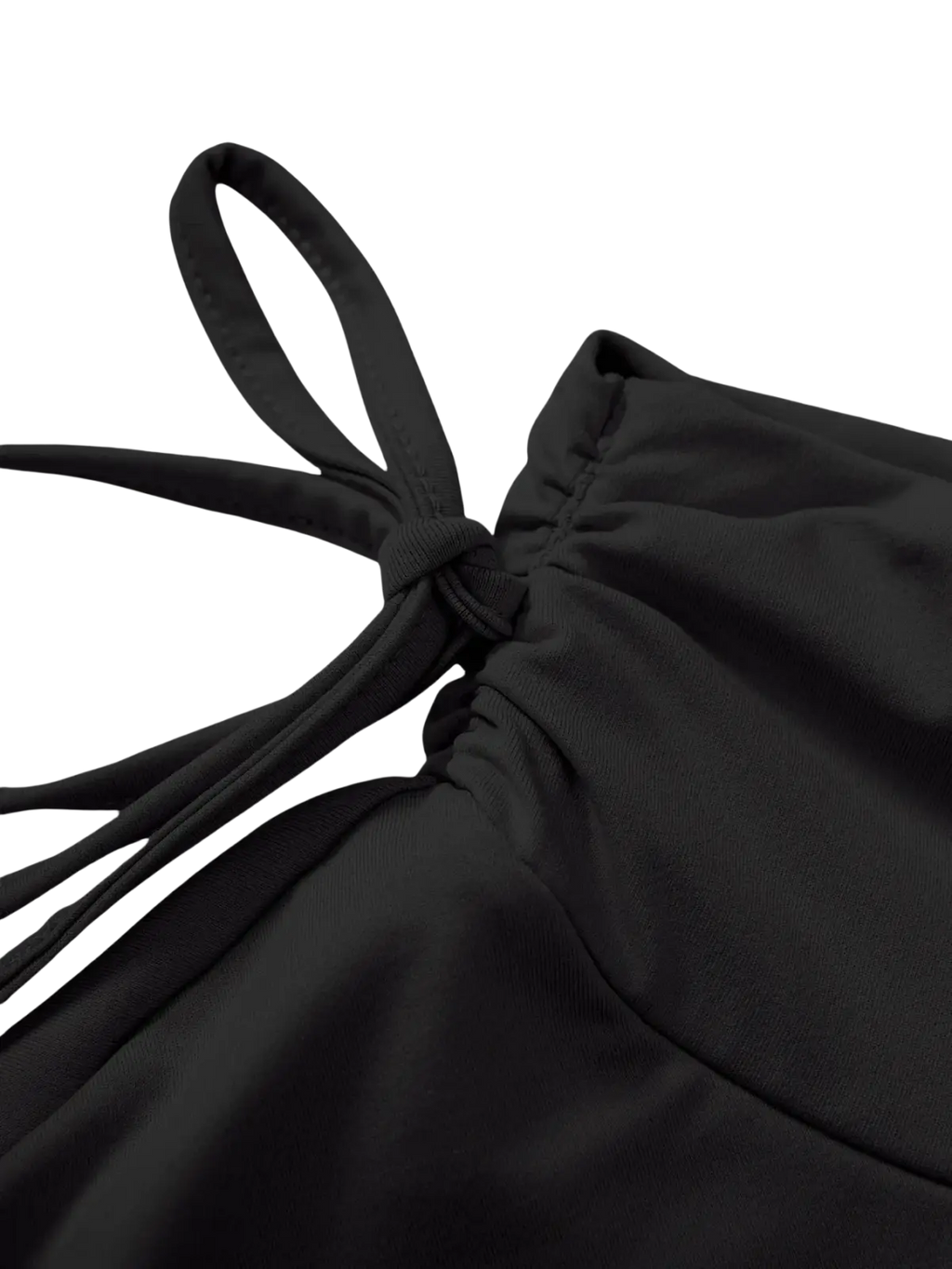 Black high waist ruffle mini skirt made of fabric with a tied knot detail at the neckline