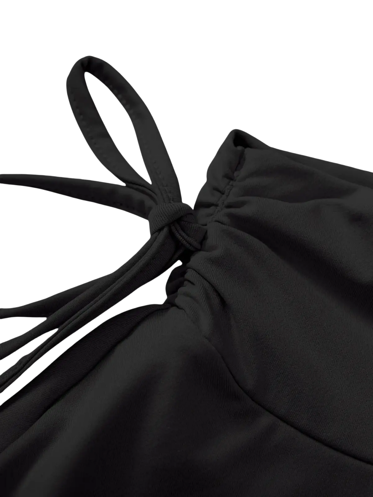 Black high waist ruffle mini skirt made of fabric with a tied knot detail at the neckline