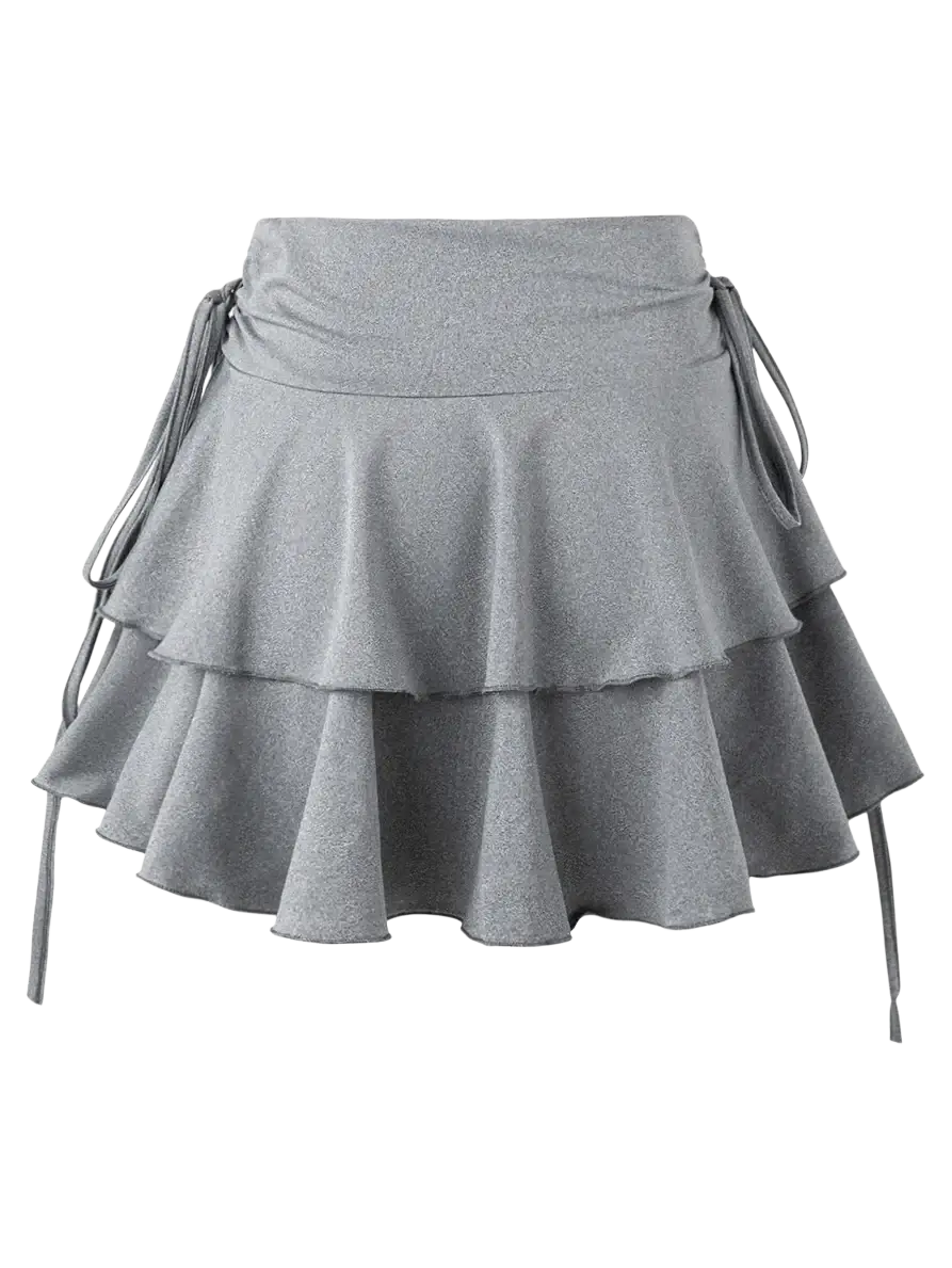 Black high waist ruffle mini skirt with gray tiered design ruched waistband and matching drawstrings