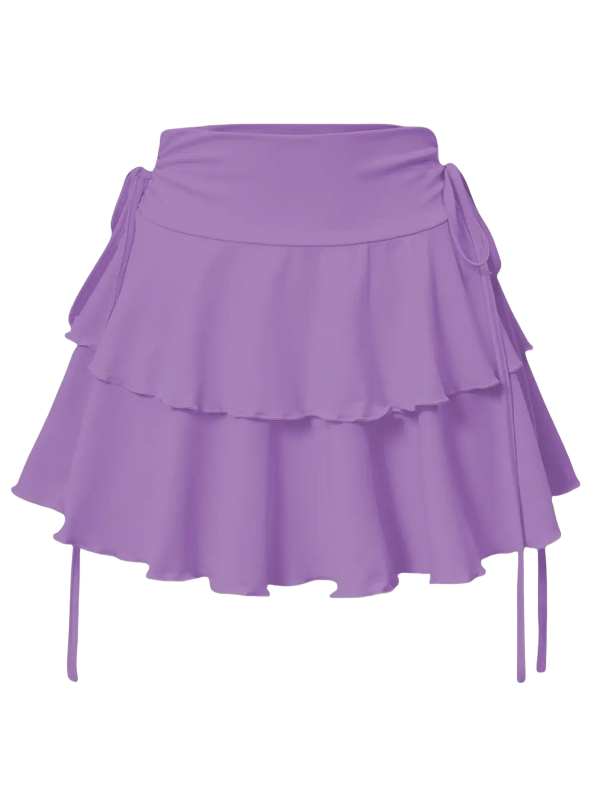 Black high waist ruffle mini skirt featuring lavender tiered ruffled layers with side ties detail