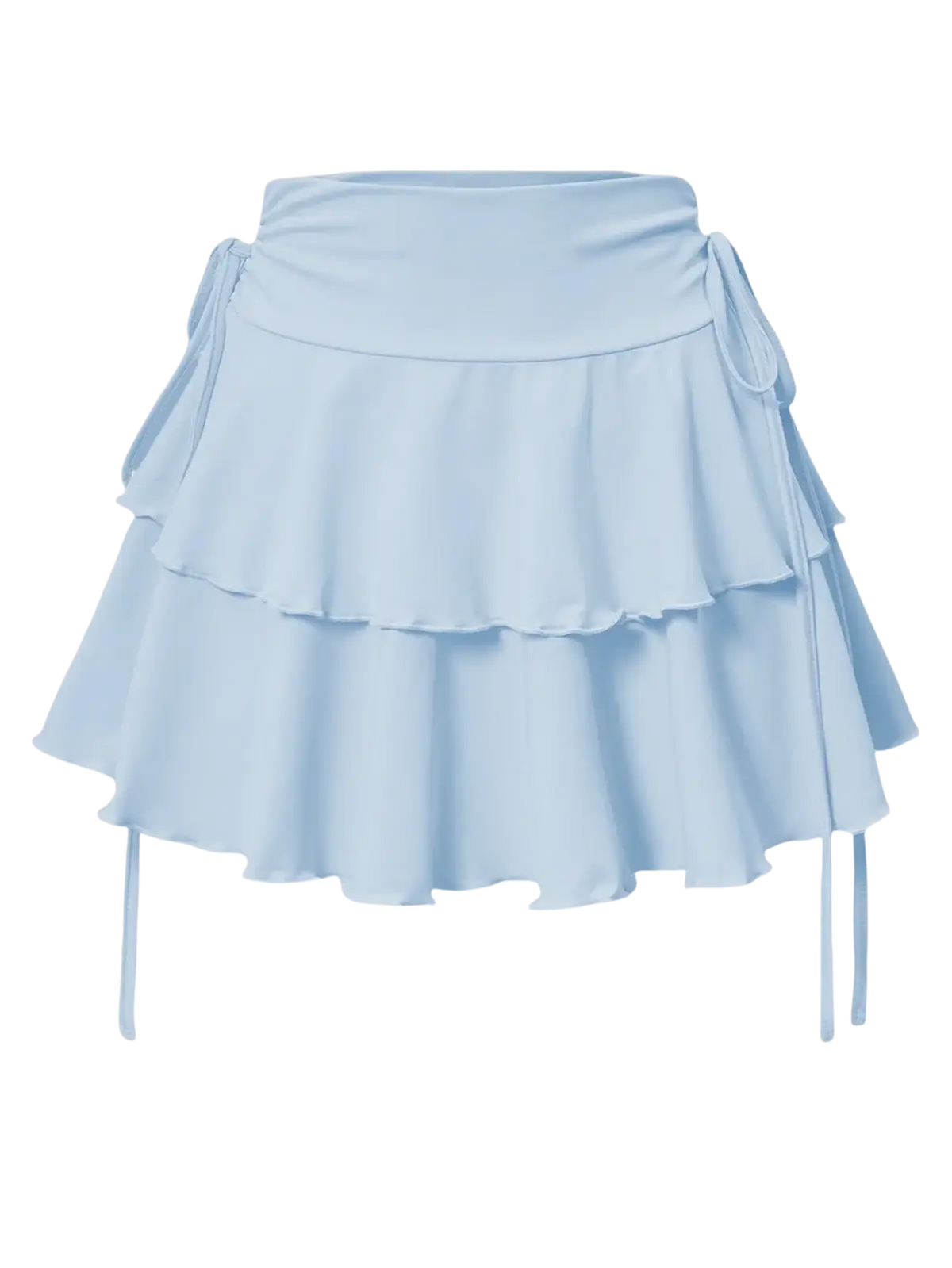 A light blue tiered ruffle mini skirt with matching side ties designed as a black high waist fashion piece