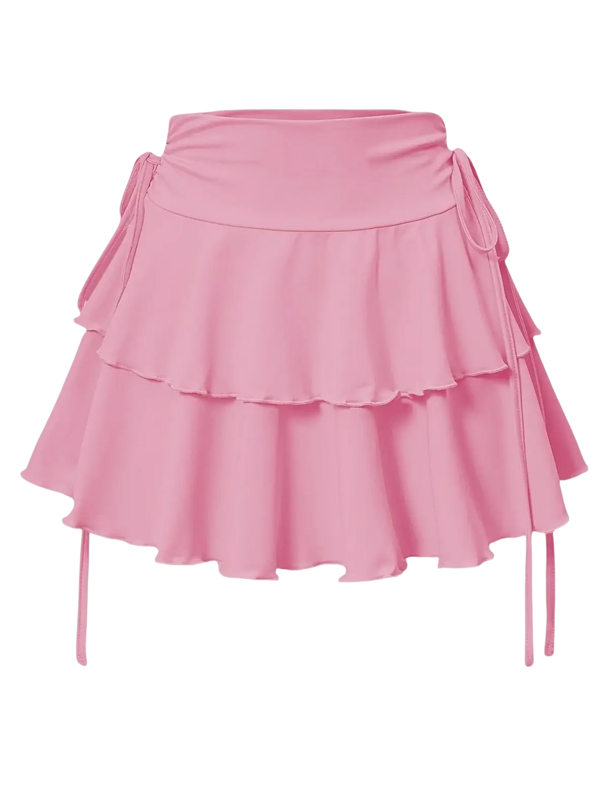 Black high waist mini skirt featuring soft pink tiered ruffles with matching side ties for a feminine look