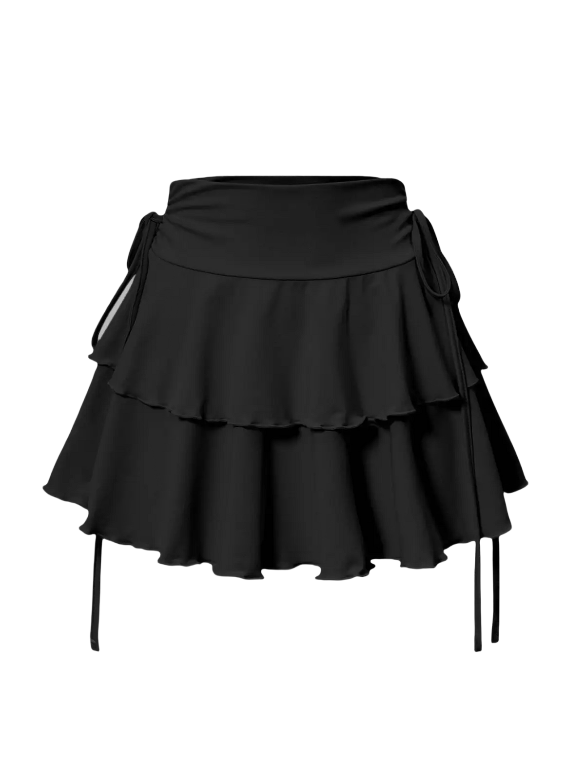 Black high waist mini skirt featuring tiered ruffled layers and side ties for a stylish high waist ruffle look