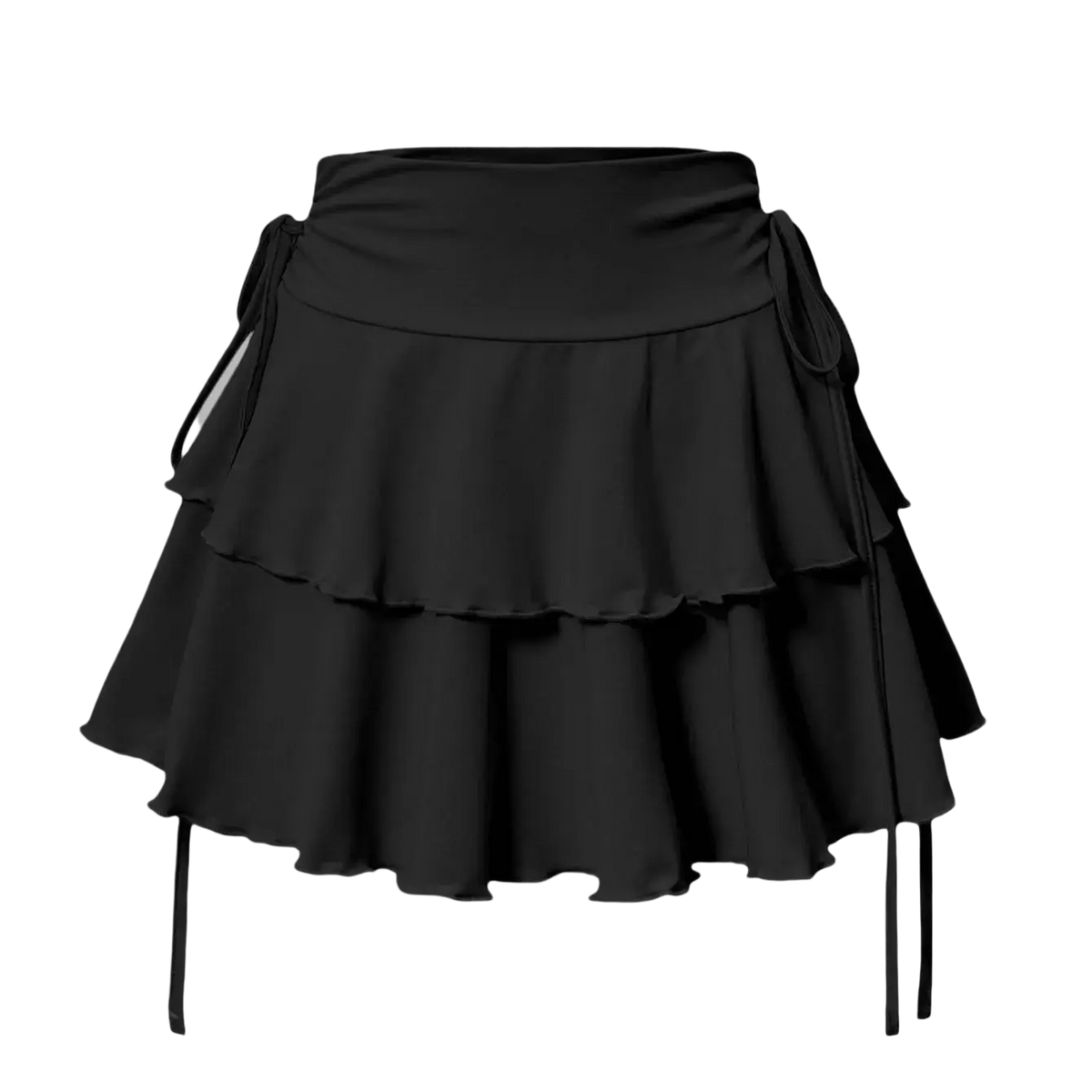 Black high waist ruffle mini skirt in tiered design with side ties and fitted waistband for stylish wear