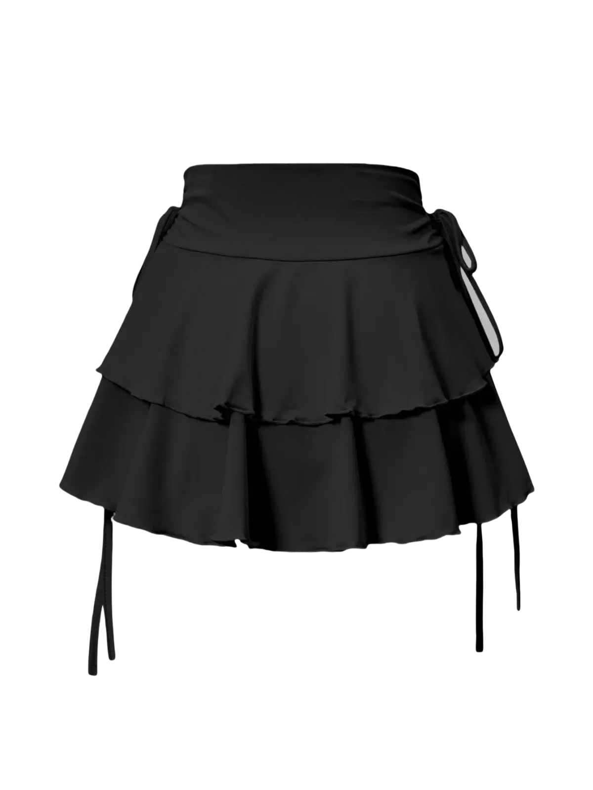 Black high waist mini skirt featuring tiered ruffle design and adjustable side ties for a stylish fit