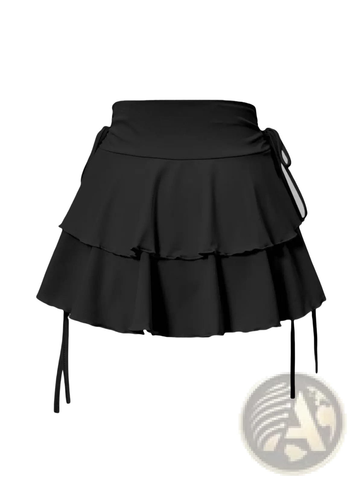 Black high waist ruffle mini skirt in tiered design with side ties made from lightweight fabric for stylish wear