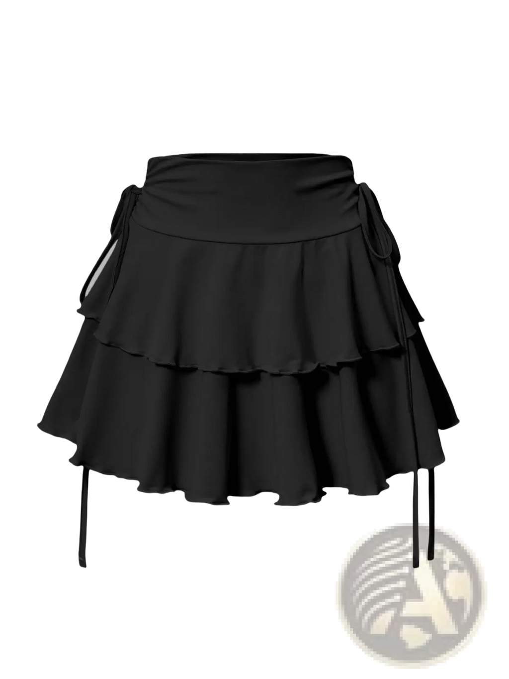 Black high waist mini skirt featuring tiered ruffles and side ties in a lightweight fabric for stylish wear