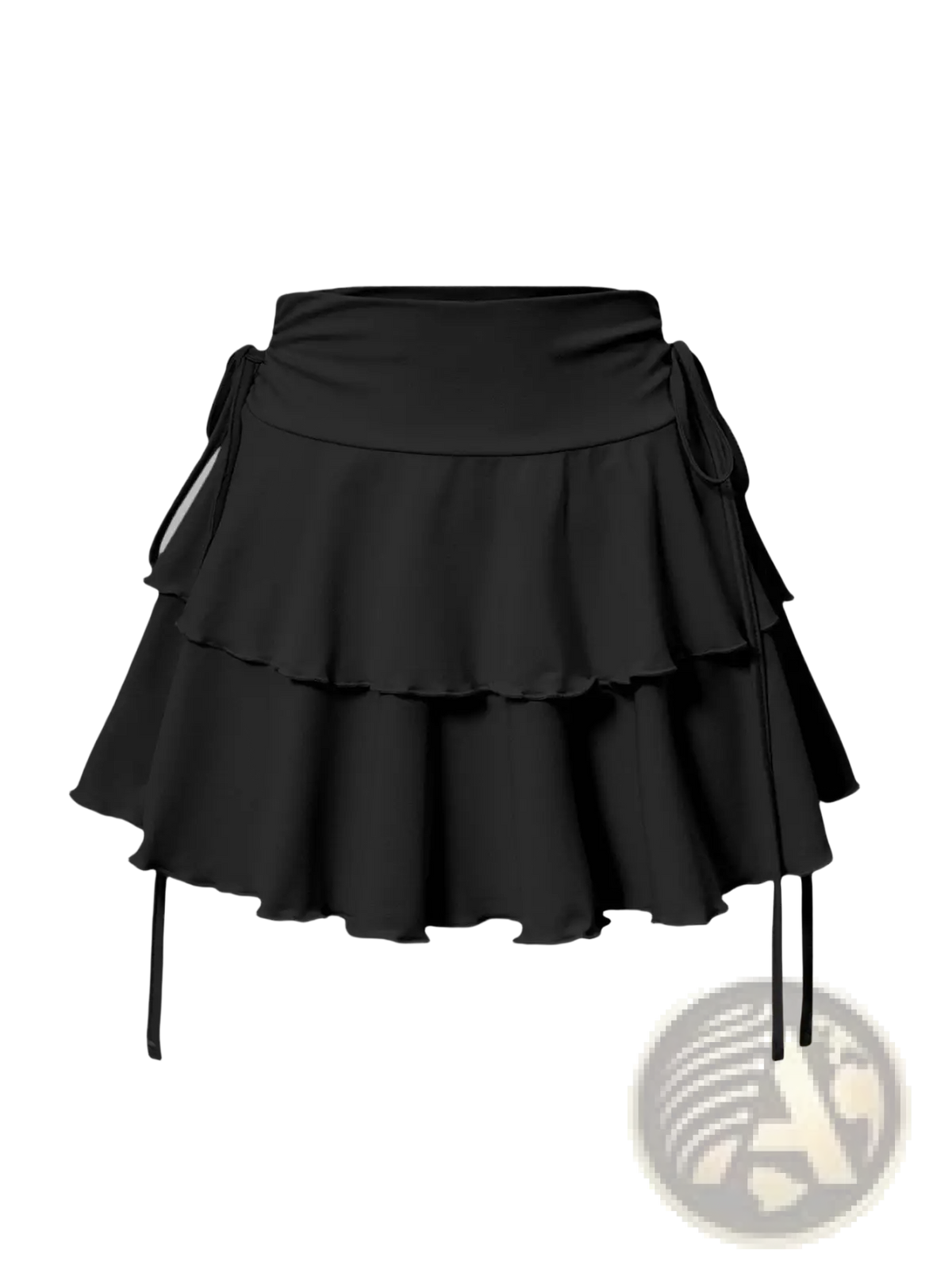 Black high waist mini skirt featuring tiered ruffles and side ties in a lightweight fabric for stylish wear