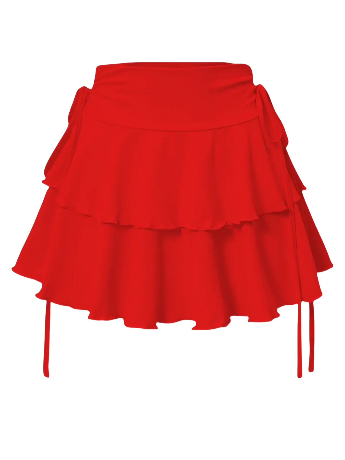 A vibrant red tiered mini skirt with ruffled layers and side ties contrasting the black high waist ruffle mini skirt