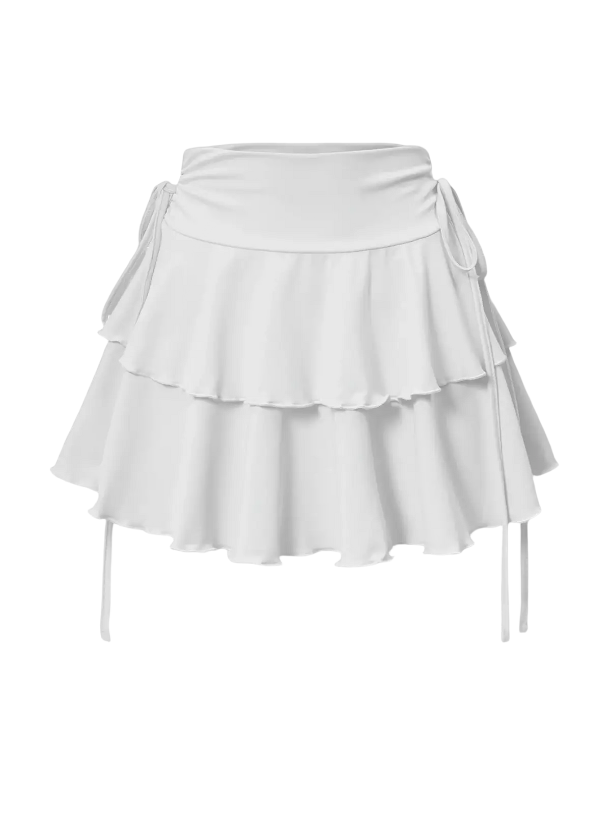 Black high waist ruffle mini skirt shown with white tiered flowing fabric and side ties detailing