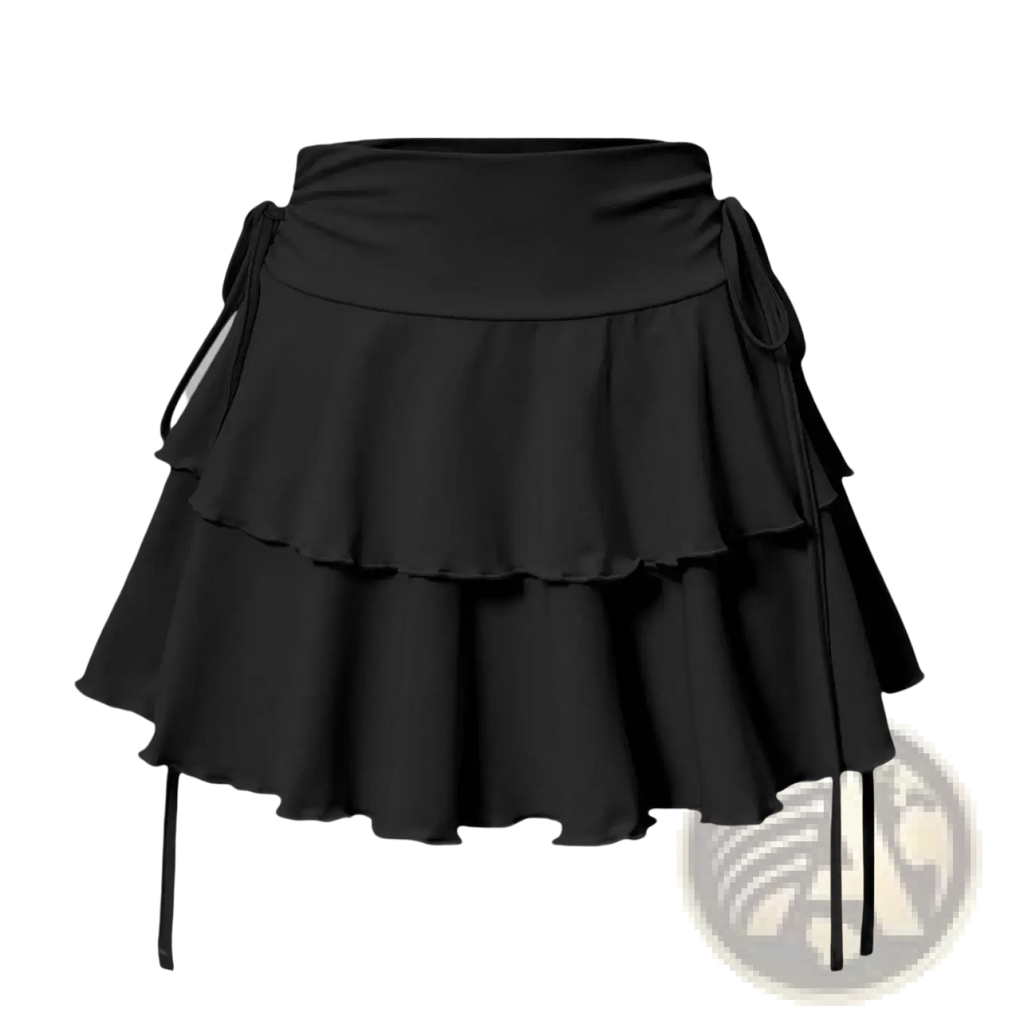 Black high waist ruffle mini skirt in tiered design with side ties and fitted waistband for stylish wear