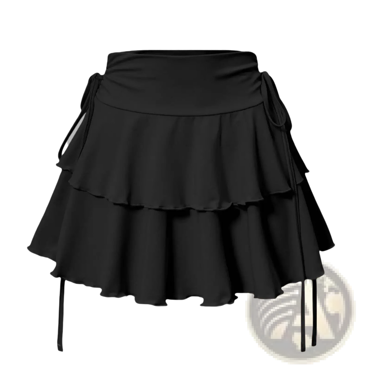 Black high waist ruffle mini skirt in tiered design with side ties and fitted waistband for stylish wear