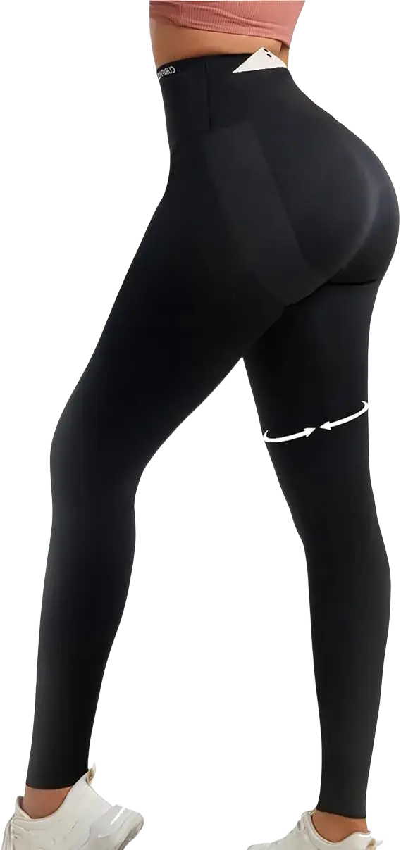 Black high waisted butt lifting compression leggings shown from the back with smooth material and subtle reflective panels