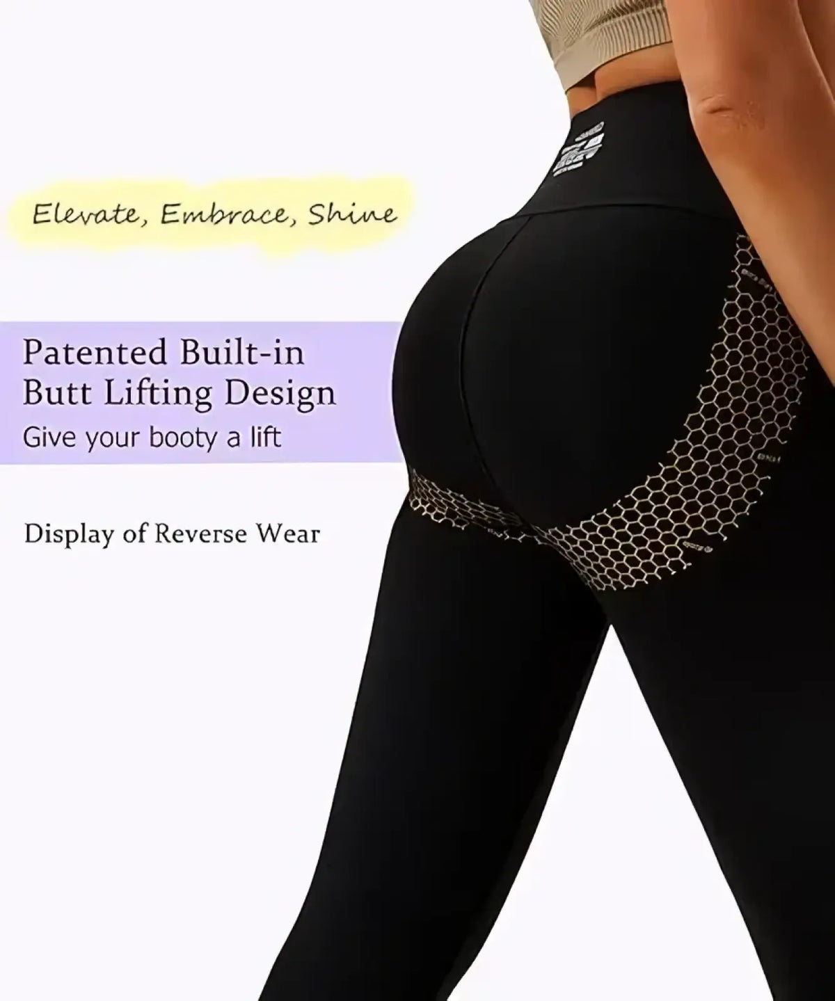 Black high waisted butt lifting compression leggings with honeycomb mesh panel shown from the back side