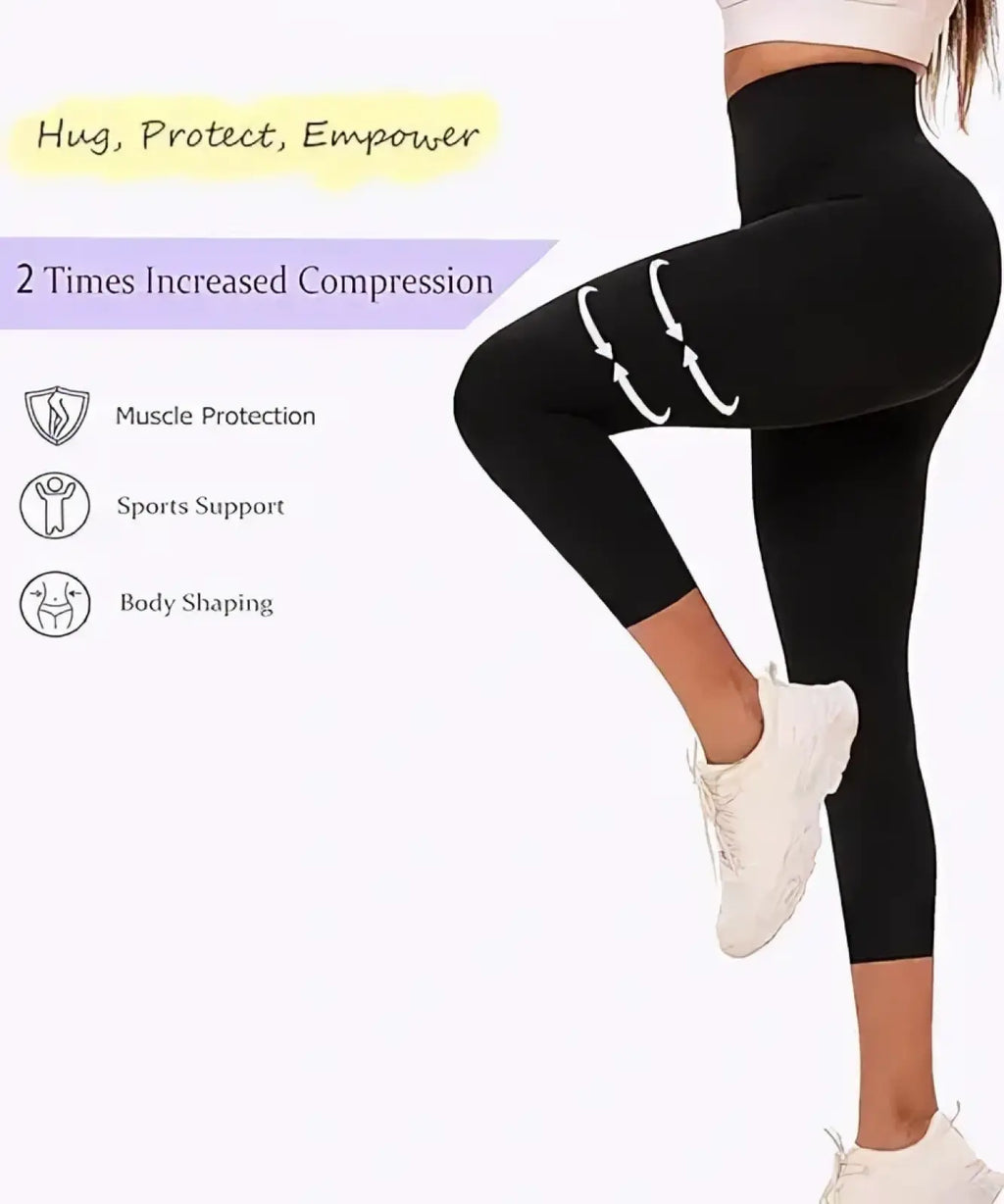 Black high waisted butt lifting compression leggings with sleek form fitting design shown from the back side